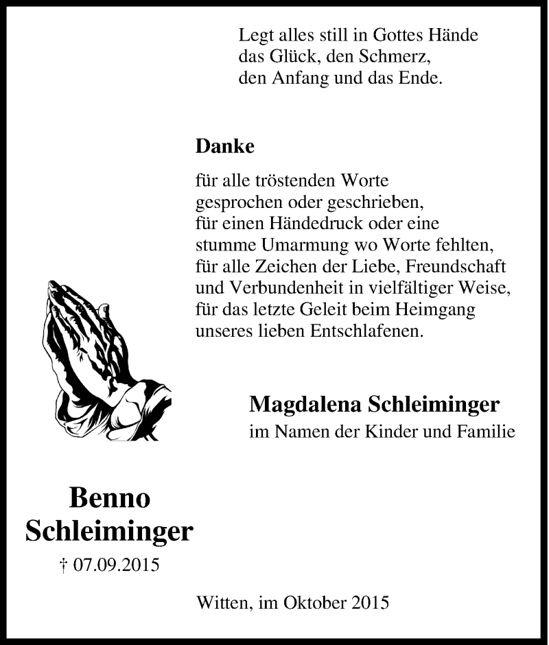  Traueranzeige für Benno Schleiminger vom 03.10.2015 aus Tageszeitung