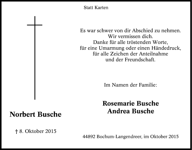  Traueranzeige für Norbert Busche vom 31.10.2015 aus Tageszeitung