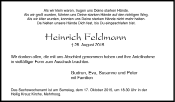 Traueranzeige von Heinrich Feldmann von Tageszeitung