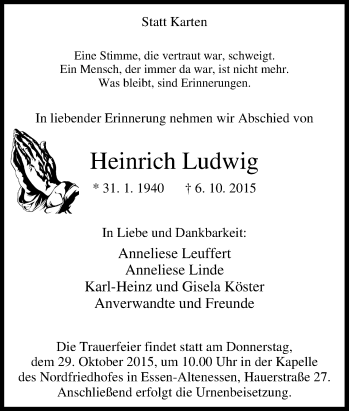Traueranzeige von Heinrich Ludwig von Tageszeitung