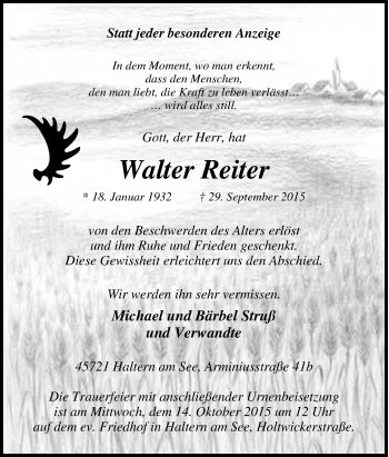 Traueranzeige von Walter Reiter von Tageszeitung