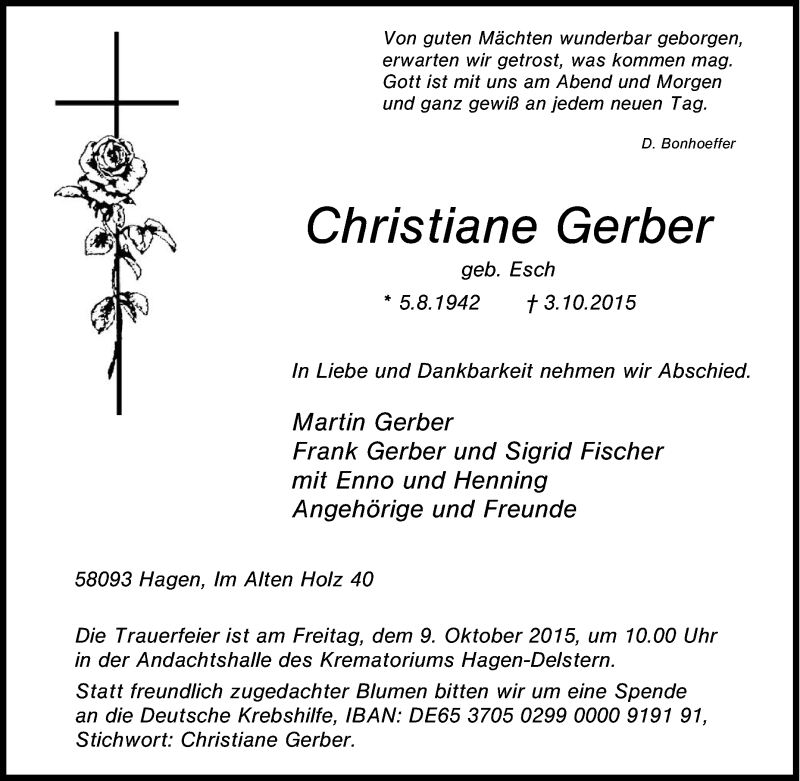  Traueranzeige für Christiane Gerber vom 06.10.2015 aus Tageszeitung