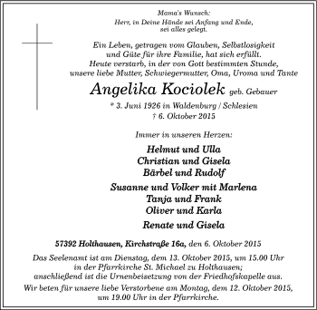 Traueranzeige von Angelika Kociolek von Tageszeitung