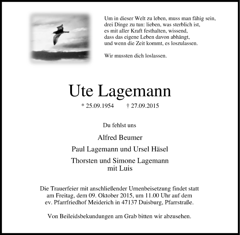  Traueranzeige für Ute Lagemann vom 02.10.2015 aus Tageszeitung