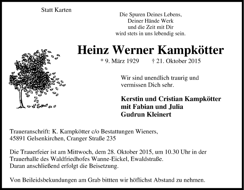  Traueranzeige für Heinz Werner Kampkötter vom 24.10.2015 aus Tageszeitung