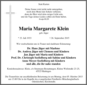 Traueranzeige von Maria Margarete Klein von Tageszeitung