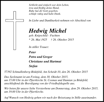 Traueranzeige von Hedwig Michel von Tageszeitung