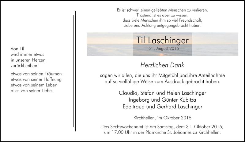  Traueranzeige für Til Laschinger vom 28.10.2015 aus Tageszeitung