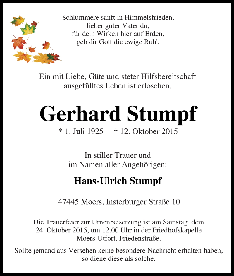  Traueranzeige für Gerhard Stumpf vom 20.10.2015 aus Tageszeitung