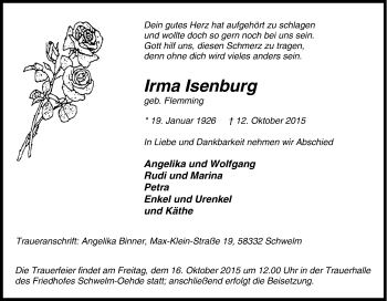 Traueranzeige von Irma Isenburg von Tageszeitung