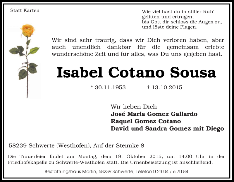  Traueranzeige für Isabel Cotano Sousa vom 15.10.2015 aus Tageszeitung