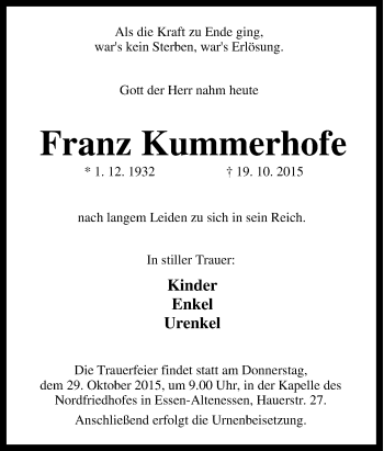 Traueranzeige von Franz Kummerhofe von Tageszeitung