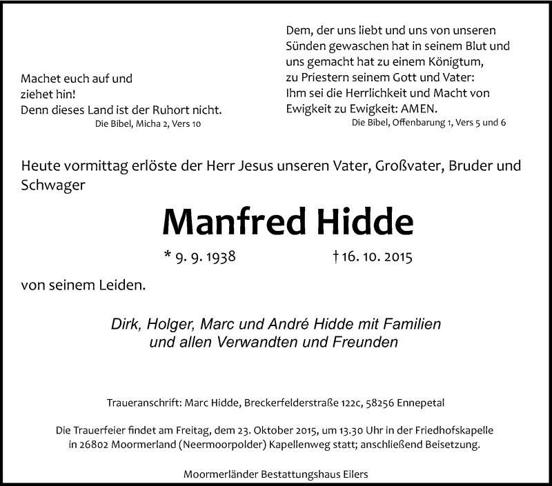  Traueranzeige für Manfred Hidde vom 20.10.2015 aus Tageszeitung