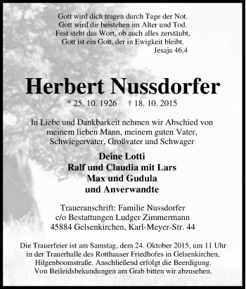 Traueranzeige von Herbert Nussdorfer von Tageszeitung
