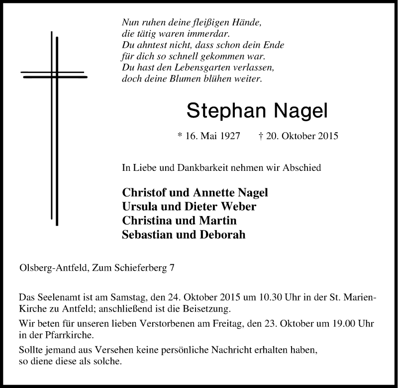  Traueranzeige für Stephan Nagel vom 21.10.2015 aus Tageszeitung