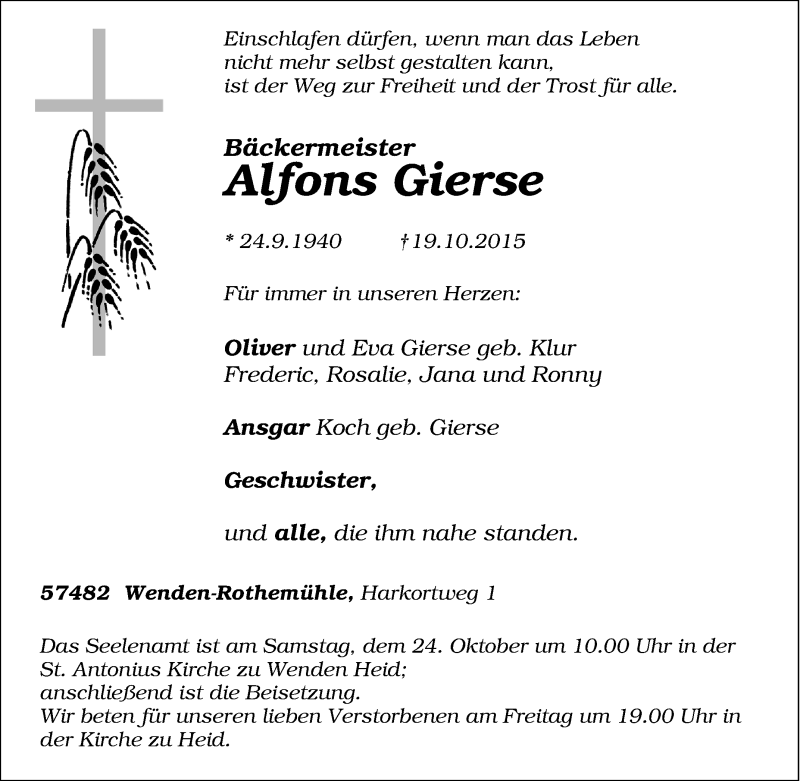  Traueranzeige für Alfons Gierse vom 21.10.2015 aus Tageszeitung