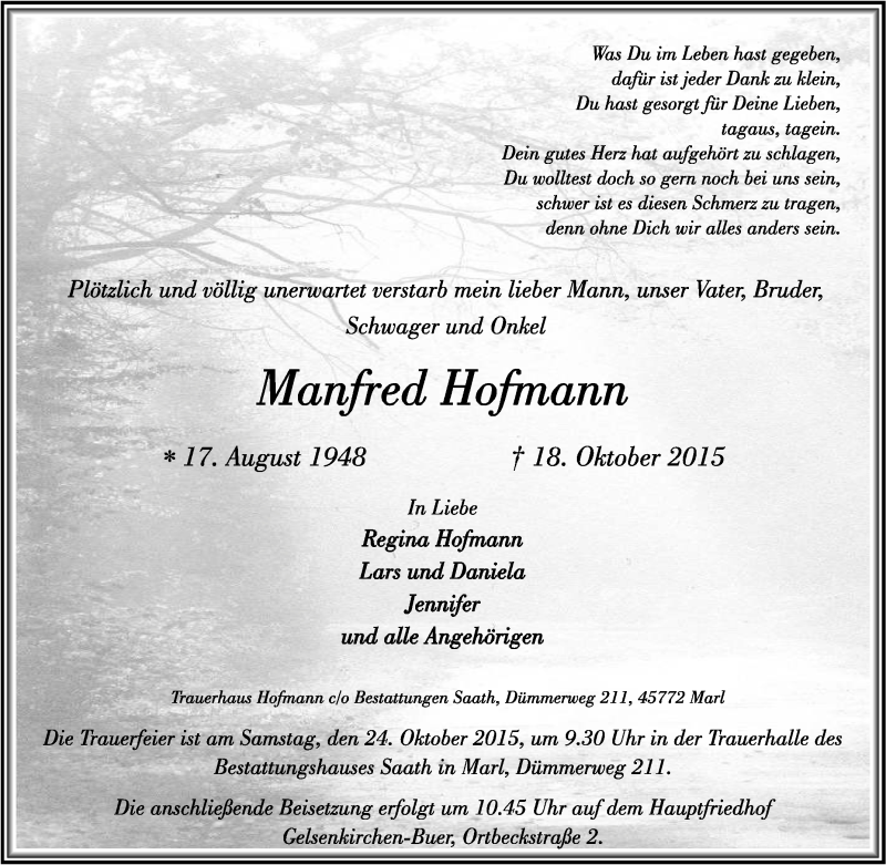  Traueranzeige für Manfred Hofmann vom 22.10.2015 aus waz