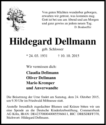 Traueranzeige von Hildegard Dellmann von Tageszeitung