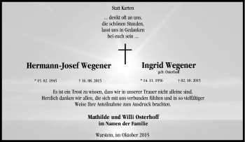 Traueranzeige von Hermann-Josef und Ingrid Wegener von Tageszeitung