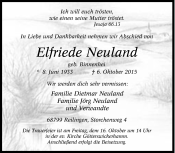Traueranzeige von Elfriede Neuland von Tageszeitung