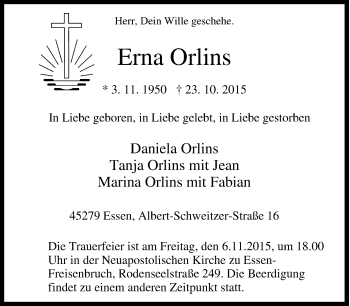 Traueranzeige von Erna Orlins von Tageszeitung