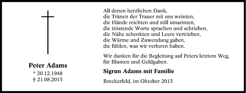  Traueranzeige für Peter Adams vom 02.10.2015 aus Tageszeitung