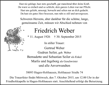 Traueranzeige von Friedrich Weber von Tageszeitung