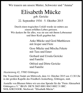 Traueranzeige von Elisabeth Mücke von Tageszeitung