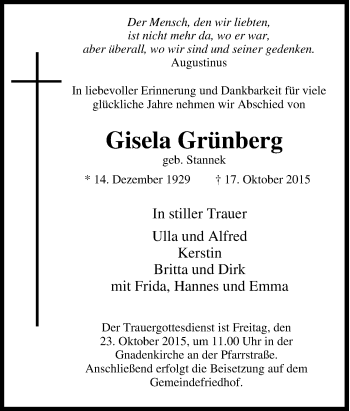 Traueranzeige von Gisela Grünberg von Tageszeitung