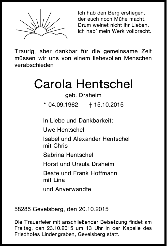  Traueranzeige für Carola Hentschel vom 20.10.2015 aus Tageszeitung