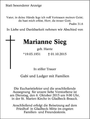Traueranzeige von Marianne Sieg von Tageszeitung