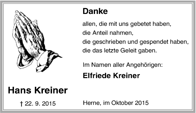  Traueranzeige für Hans Kreiner vom 17.10.2015 aus Tageszeitung