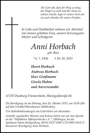Traueranzeige von Anni Horbach von Tageszeitung