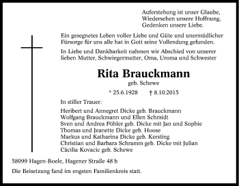 Traueranzeige von Rita Brauckmann von Tageszeitung