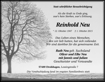 Traueranzeige von Reinhold Neu von Tageszeitung
