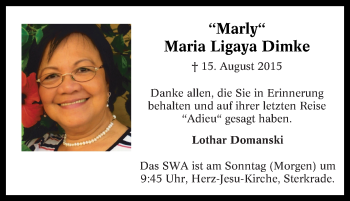 Traueranzeige von Maria Ligaya Dimke von Tageszeitung