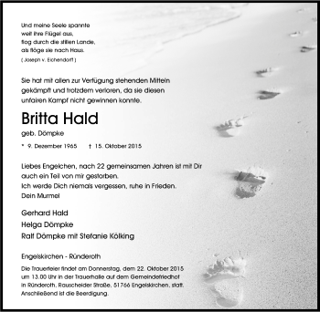 Traueranzeige von Britta Hald von Tageszeitung
