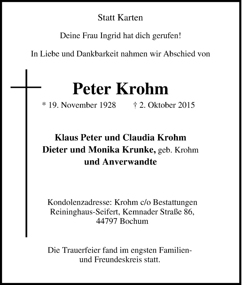 Traueranzeigen von Peter Krohm TrauerinNRW.de
