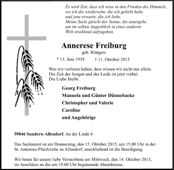 Traueranzeige von Annerese Freiburg von Tageszeitung