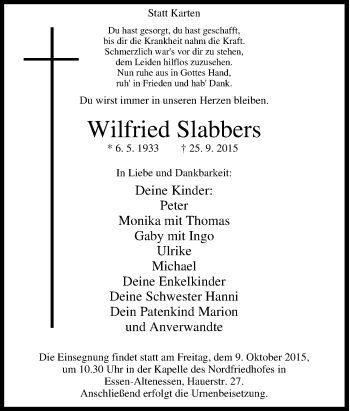 Traueranzeige von Wilfried Slabbers von Tageszeitung