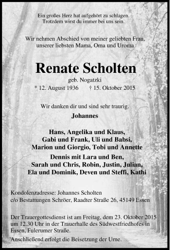 Traueranzeige von Renate Scholten von Tageszeitung