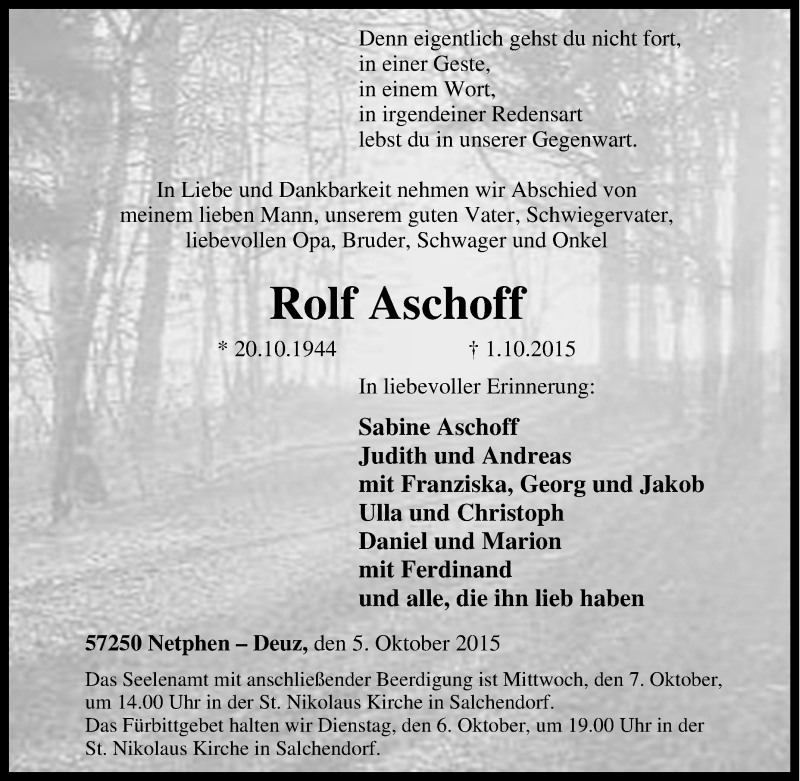  Traueranzeige für Rolf Aschoff vom 05.10.2015 aus Tageszeitung