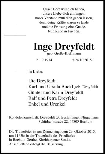 Traueranzeige von Inge Dreyfeldt von Tageszeitung
