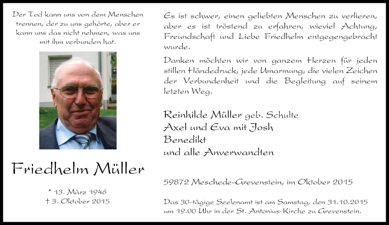 Traueranzeigen von Friedhelm Müller TrauerinNRW.de