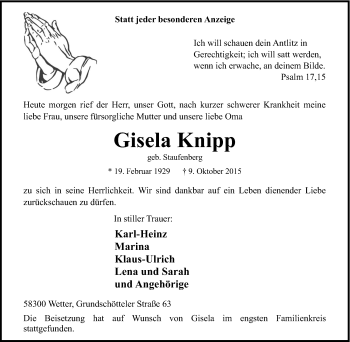 Traueranzeige von Gisela Knipp von Tageszeitung