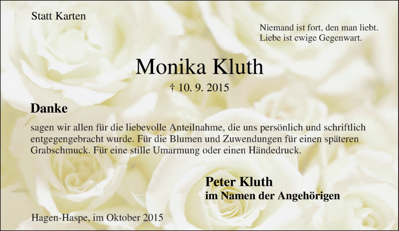  Traueranzeige für Monika Kluth vom 10.10.2015 aus Tageszeitung
