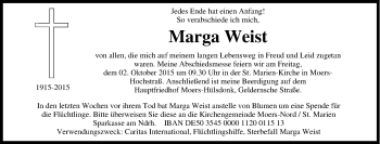 Traueranzeige von Marga Weist von Tageszeitung