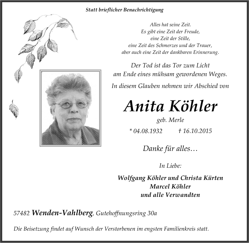  Traueranzeige für Anita Köhler vom 19.10.2015 aus Tageszeitung