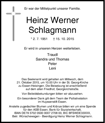 Traueranzeige von Heinz Werner Schlagmann von Tageszeitung