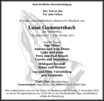 Traueranzeige von Luise Gummersbach von Tageszeitung